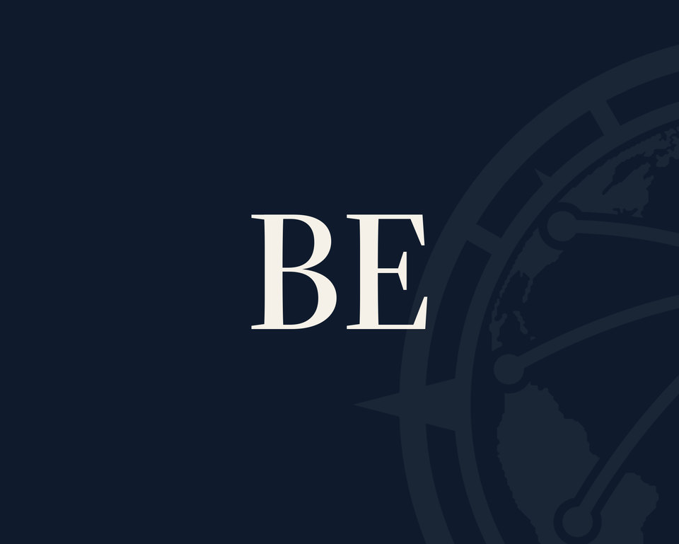 The firm’s navy backdrop with the initials BE