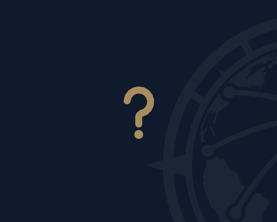 A gold question mark on the firm’s navy backdrop